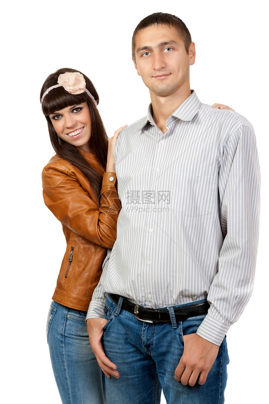 快乐笑笑的年轻夫妇 孤立在白色背景上图片