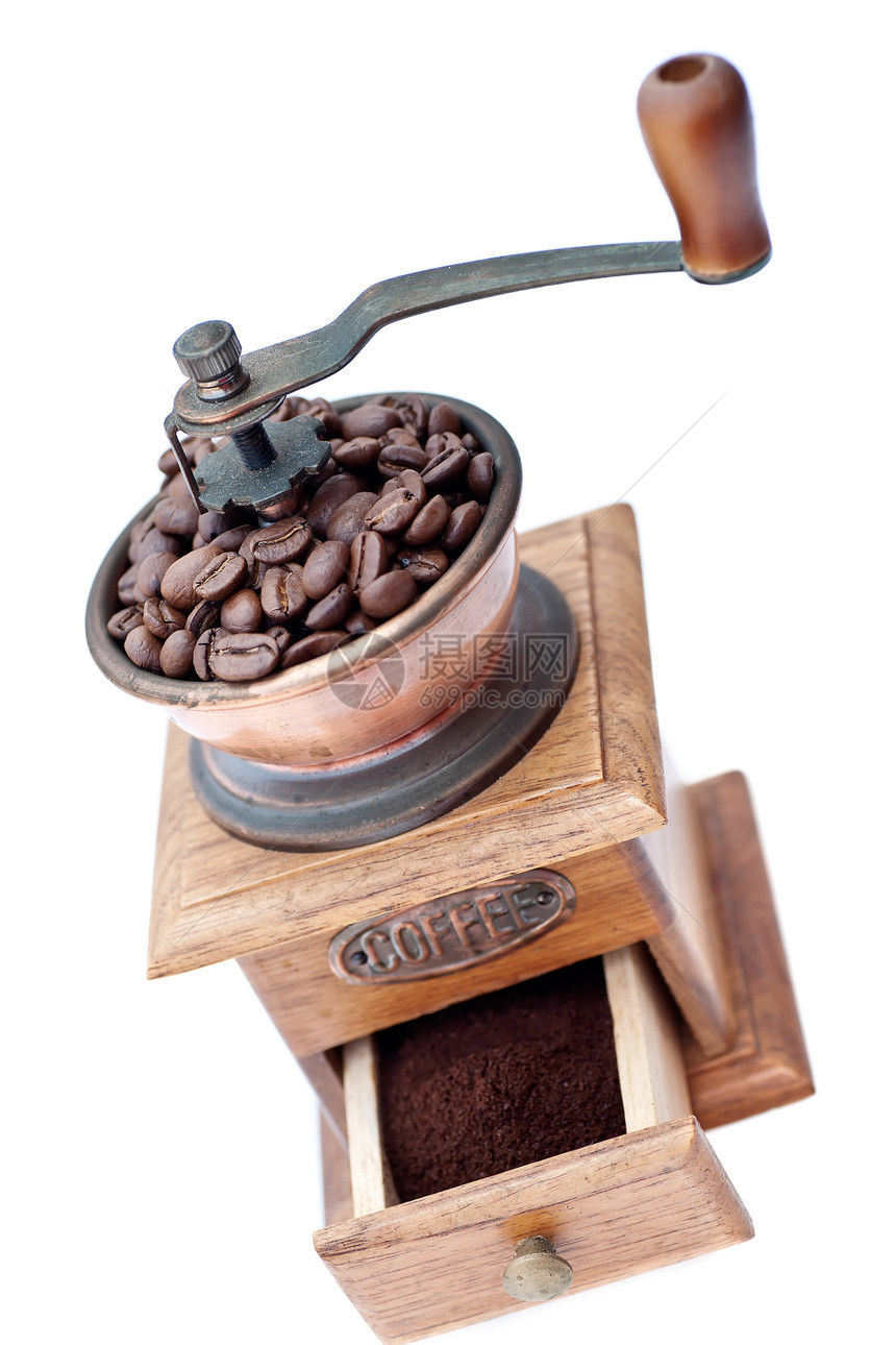 咖啡研磨机和咖啡豆复古研磨盒子木头磨机对象抽屉复兴古董金属图片