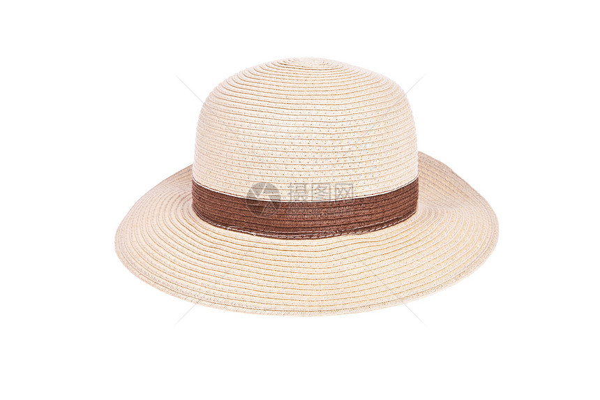 白色背景的带丝带被孤立的棕色草帽稻草奶油女性化帽子女性阴影图片