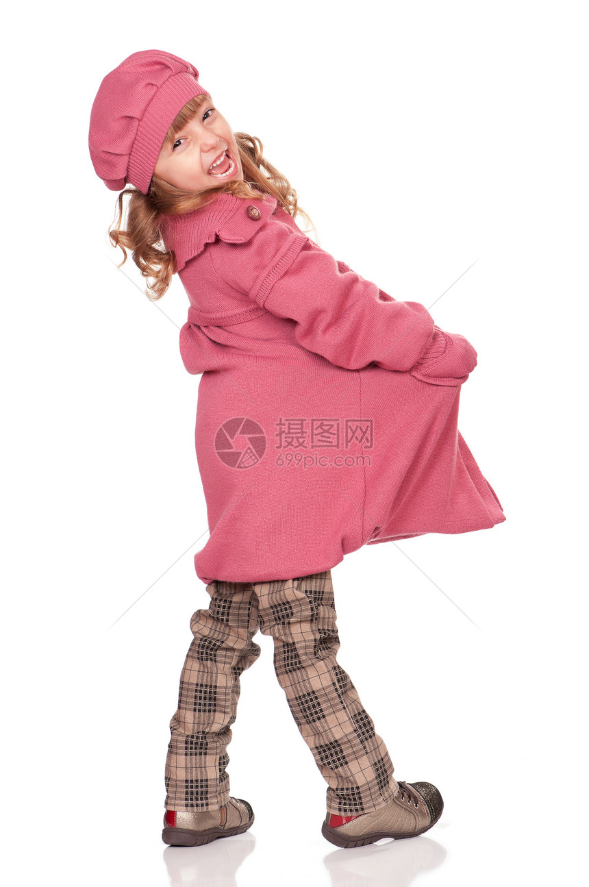 漂亮的小女孩身体工作室大衣画幅粉色幸福外套孩子们白色童年图片
