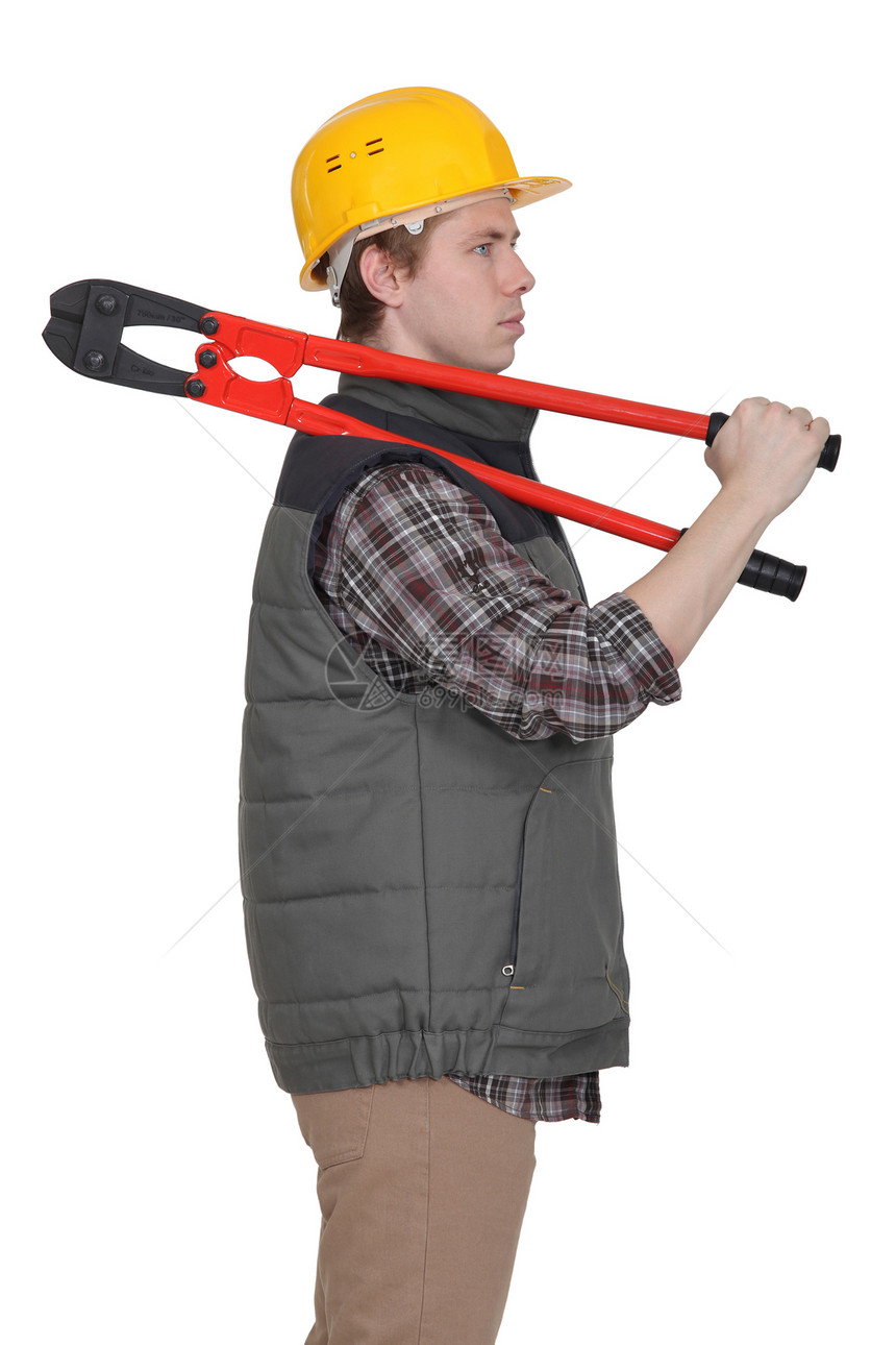 一个有钳子的建筑工人男性承包商维修安全帽木匠衣领服务安全衣服装修图片