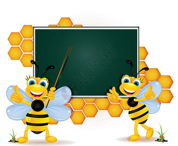 两只蜜蜂带空白板的快乐蜜蜂卡通插画