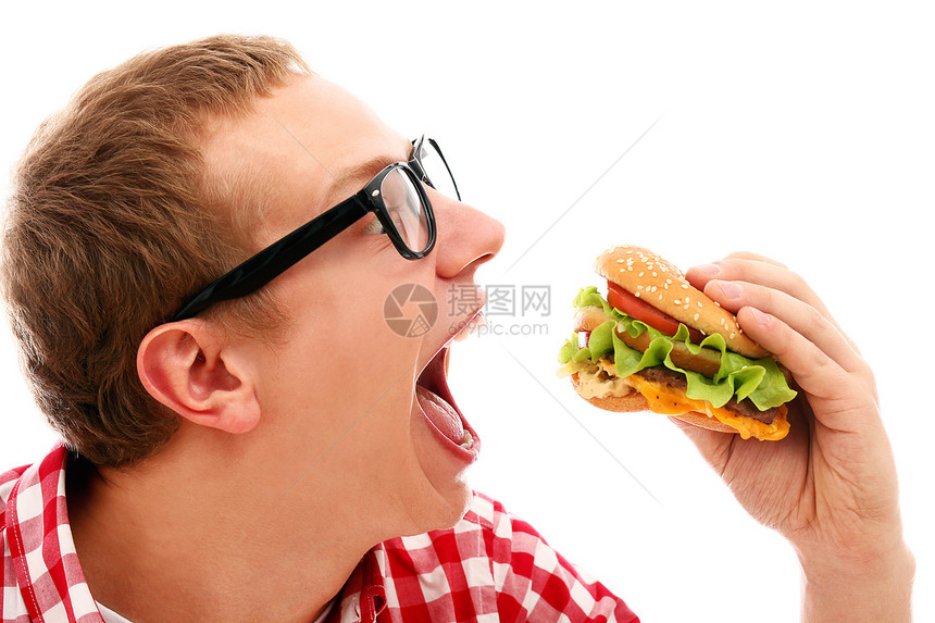 戴眼镜吃汉堡的搞笑男人美食芝麻牛肉男性种子衬衫面包芝士欲望眼镜图片