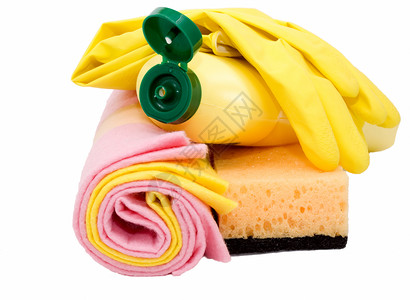 黄色海绵清洁用品肥皂手套黄色擦洗抹布补给品产品家务工作去除剂背景