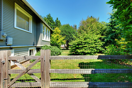 房子在后院里被苹果树刺穿绿色院子土地红色门廊财产甲板围栏建筑家具背景图片
