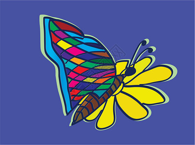 花上蝴蝶插图昆虫彩虹蓝色黄色绘画背景图片