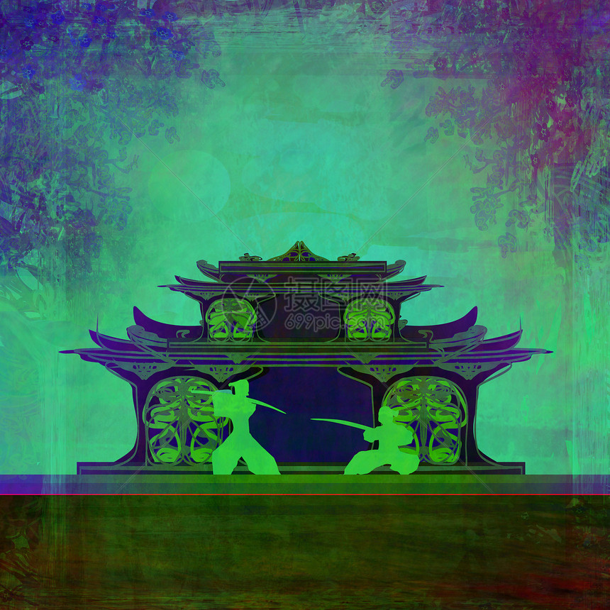 亚洲风景中的Samurai 光影身影寺庙武士文化天空花瓣日落花朵植物插图宝塔图片
