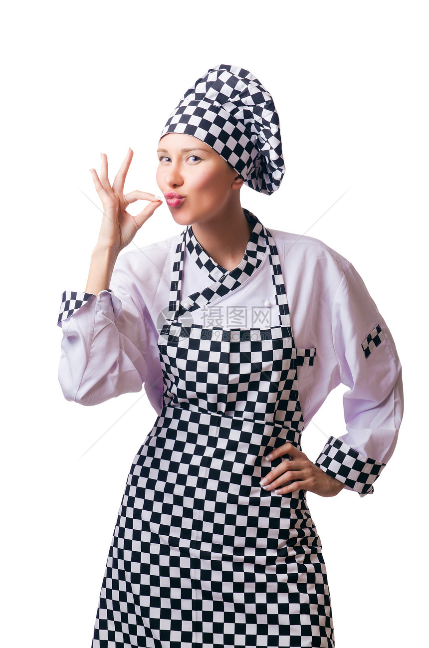 快乐的厨师在白线上被孤立女孩生活食物饮食烹饪厨房家庭午餐白色围裙图片