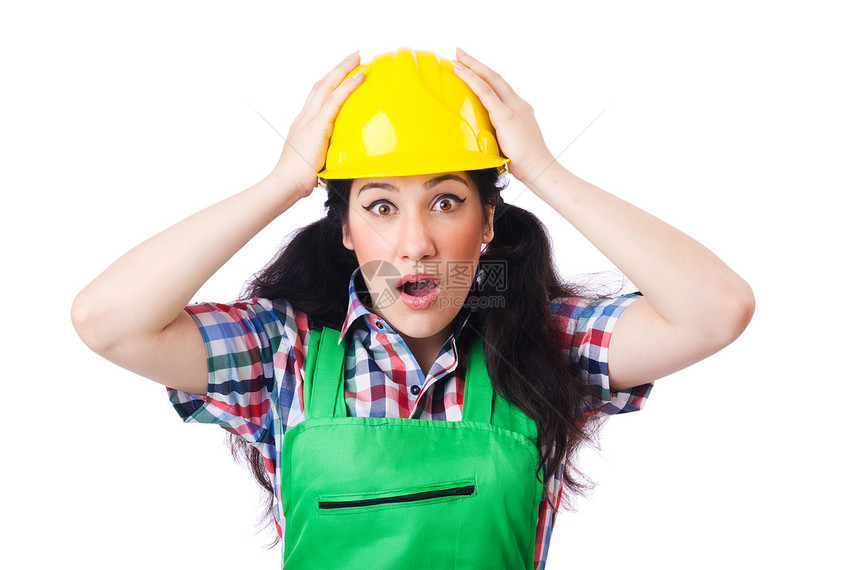 女性建筑工人在白上与世隔绝挑战财政水泥玩具职业商业安全女士工作人士图片