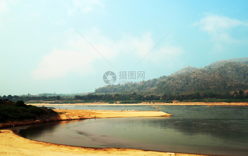 Loas和泰国边境的湄公河日落石头血管旅游假期游客码头太阳岩石航程图片