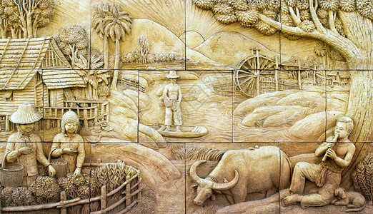 泰国石墙上泰国土生土长的泰土文化风格修炼者模具雕刻手工框架农村故事寺庙传奇背景图片