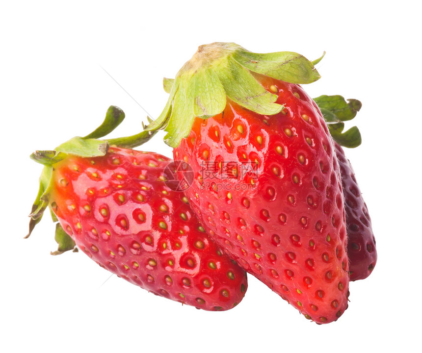 草莓 鲜红草莓背景绿色浆果红色叶子甜点食物水果甜食白色宏观图片