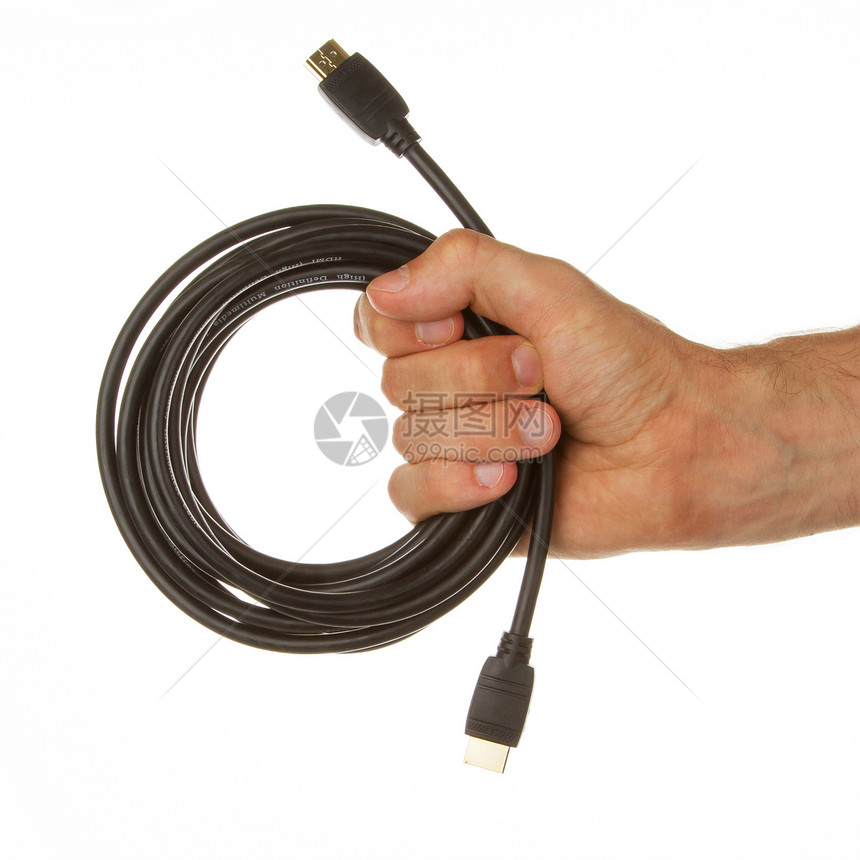 亲手特写hdmi电缆绳索插头数据金属创新电缆连接器剧院技术金子图片