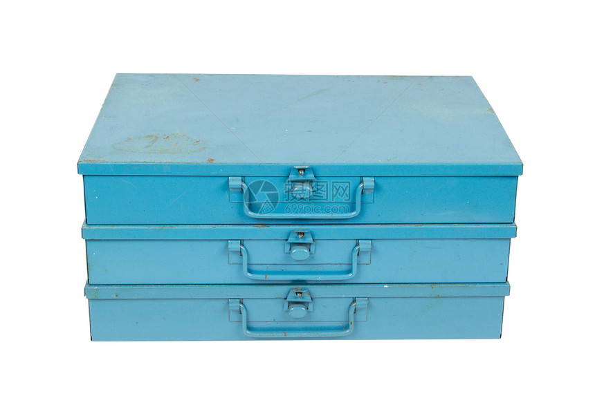 孤立的旧金属盒蓝色白色矩形船运古董贮存工具箱盒子工具案件图片