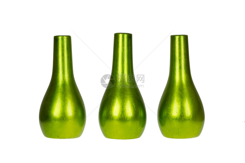三个明亮绿花瓶被隔离双耳陶器水瓶白色绿色花朵艺术图片