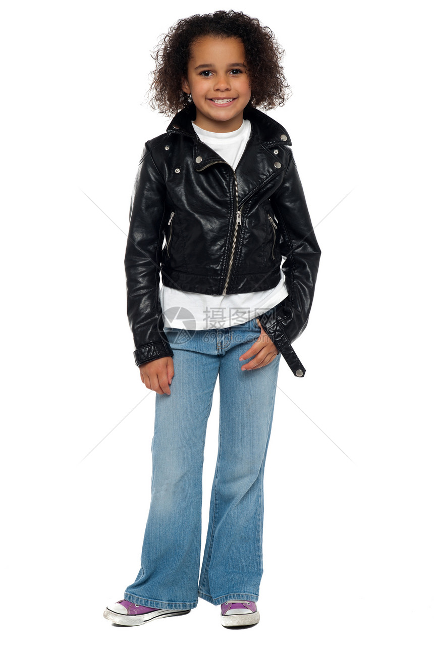 穿着摩托车穿皮夹衣的迷人年轻女孩图片