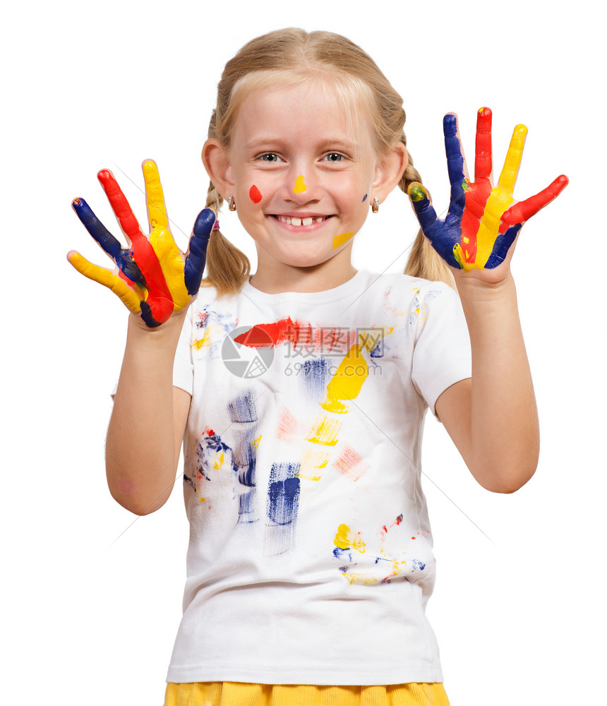 手有涂漆的女子手指学习女性化妆品蓝色女孩孩子画家童年专注图片