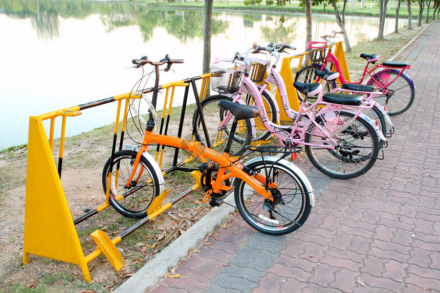 公园中自行车停泊团体旅行车辆民众城市戒指车轮闲暇交通运输图片