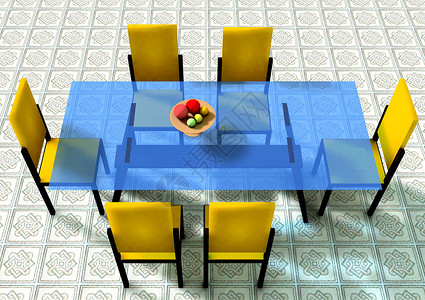 餐厅的餐桌椅地面水果椅子花瓶蓝色背景图片