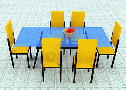 餐厅的餐桌椅水果厨房花瓶椅子地面蓝色背景图片