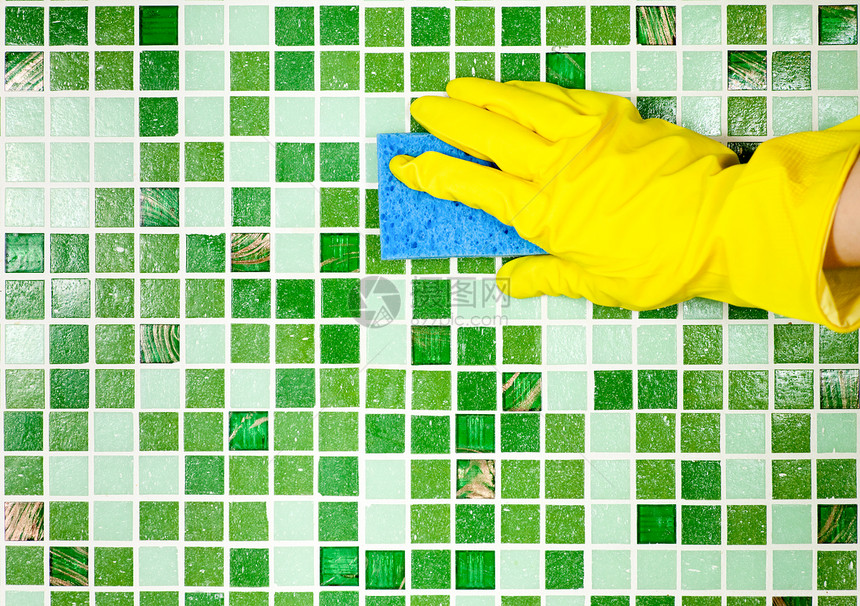 家务劳动马赛克蓝色正方形家庭玻璃工作服家政打扫海绵桌子图片