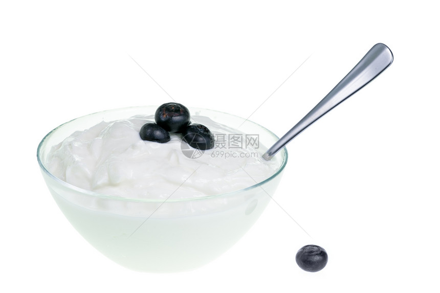 酸果碗和蓝莓玻璃美食勺子酸奶产品奶制品小吃乳白色奶油饮食图片