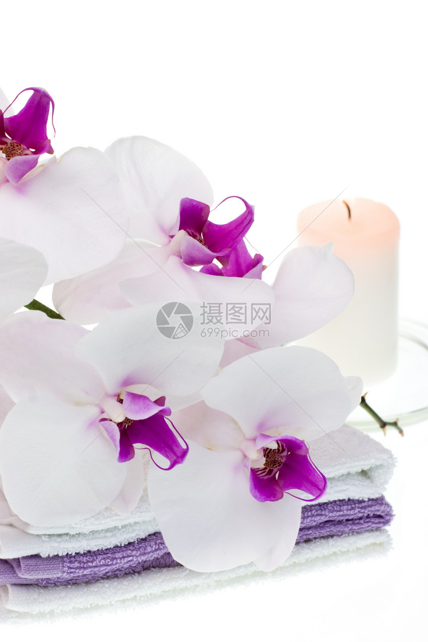 Spa 套式身体粉色蜡烛卫生毛巾幸福兰花紫色化妆品治疗图片