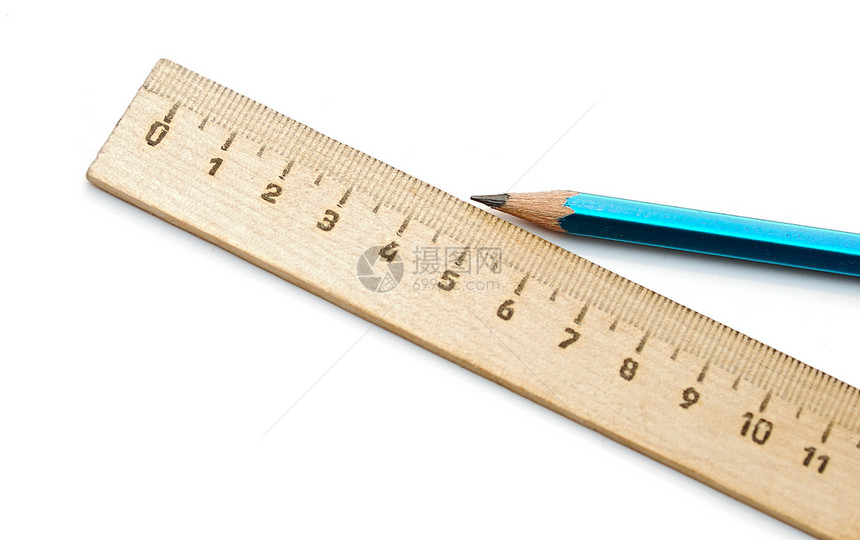 白色的剪接标尺和木铅笔金属厘米建造线条工具毫米公制测量数字磁带图片