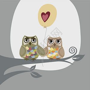 小鸡拿气球两个猫头鹰和爱情气球插图插画
