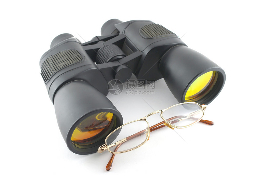 白色之上的望远镜和眼镜光学阴影玻璃棕色乐器黑色眼睛战略间谍带子图片