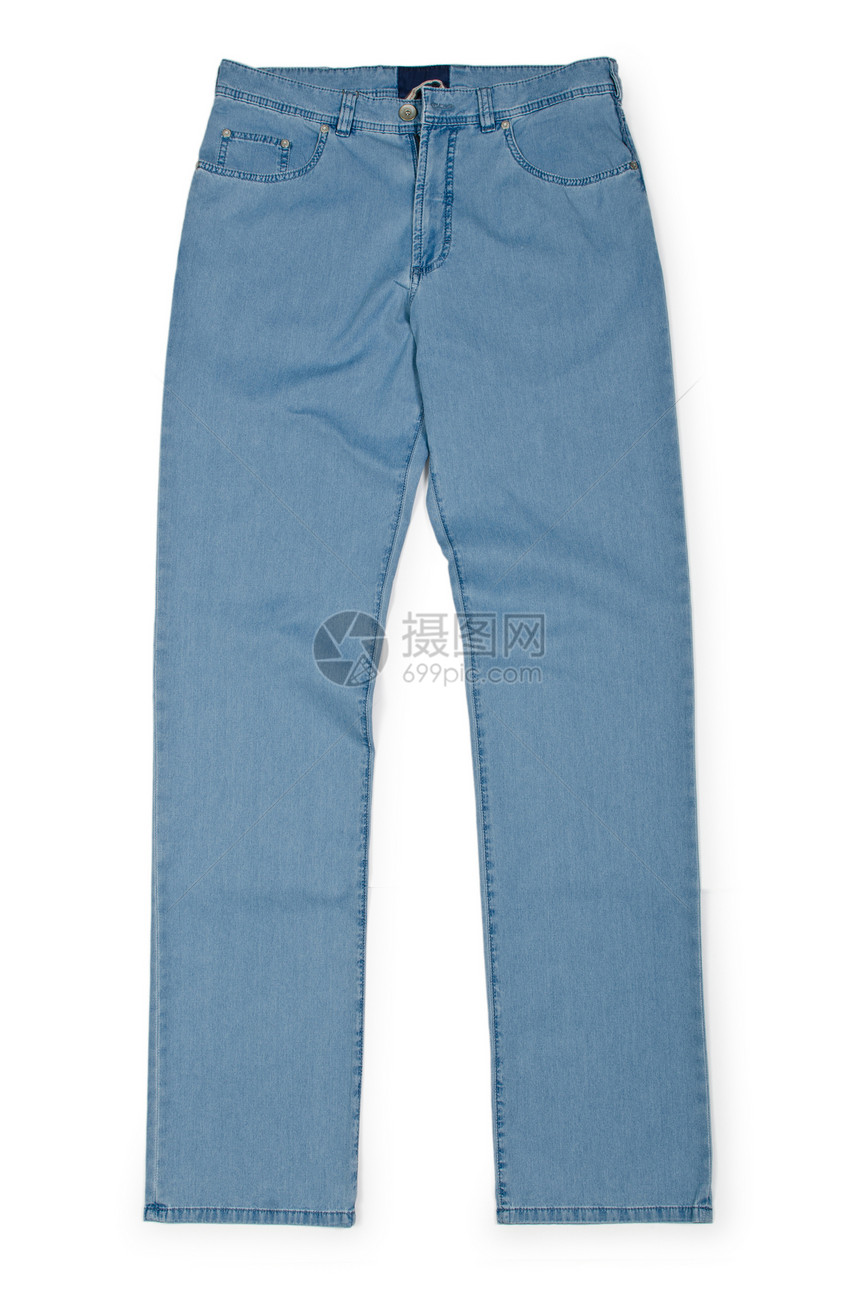穿着白色长裤的时装概念零售纤维牛仔裤男性口袋蓝色材料女性裤子纺织品图片