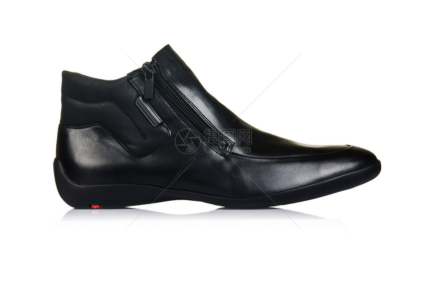 白色男性鞋子的时装概念正装男人橡皮皮革鞋类脚跟黑色骡子靴子反射图片