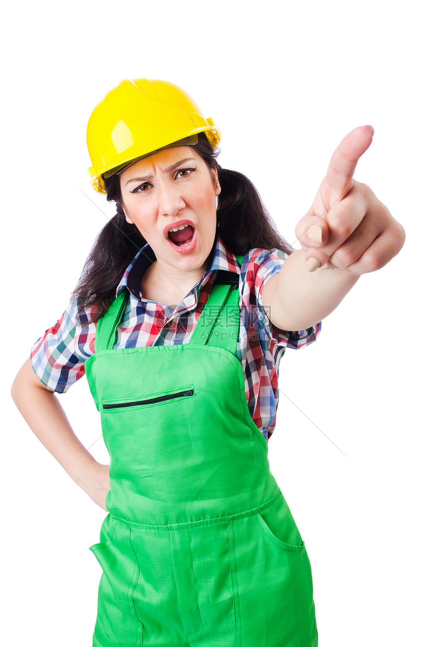 女性建筑工人在白上与世隔绝玩具帽子财政安全建设者职业维修安全帽抵押工作服图片