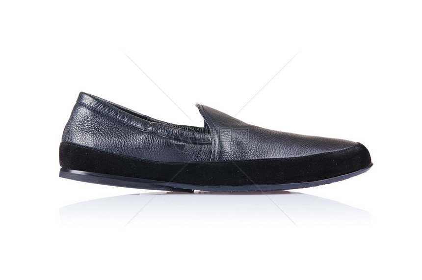 白色男性鞋子的时装概念脚跟鞋类男人黑色反射皮革骡子靴子齿轮正装图片