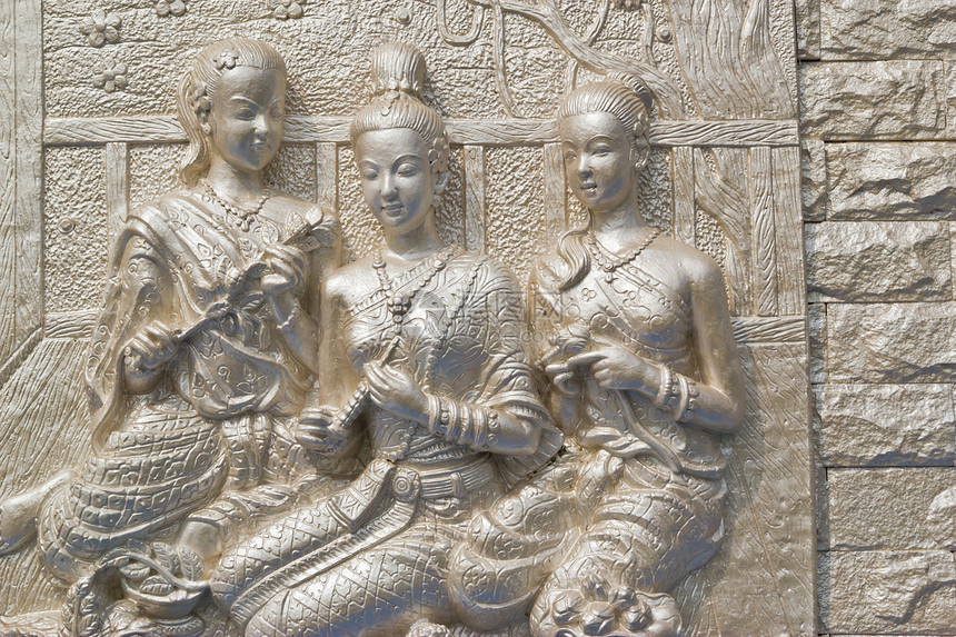 泰国寺庙墙上的古老雕像冥想艺术建筑学数字杰作雕塑宗教精神雕刻佛教徒图片