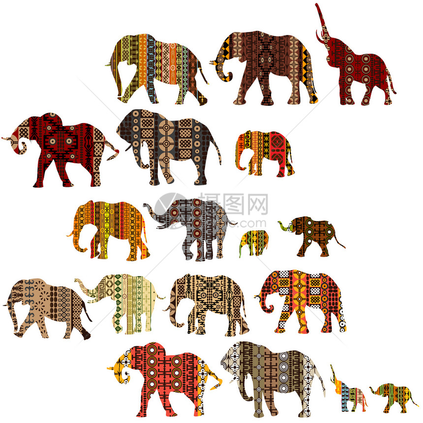 种族风格的一组典型大象图片