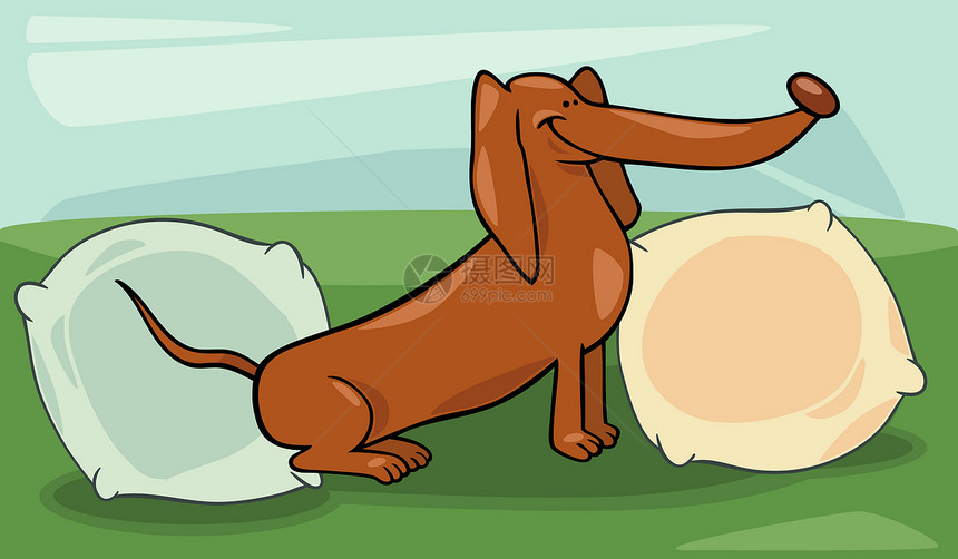 可爱的 dachshund 狗狗漫画插图棕色宠物卡通片犬类鼻子吉祥物小狗尾巴枕头绘画图片