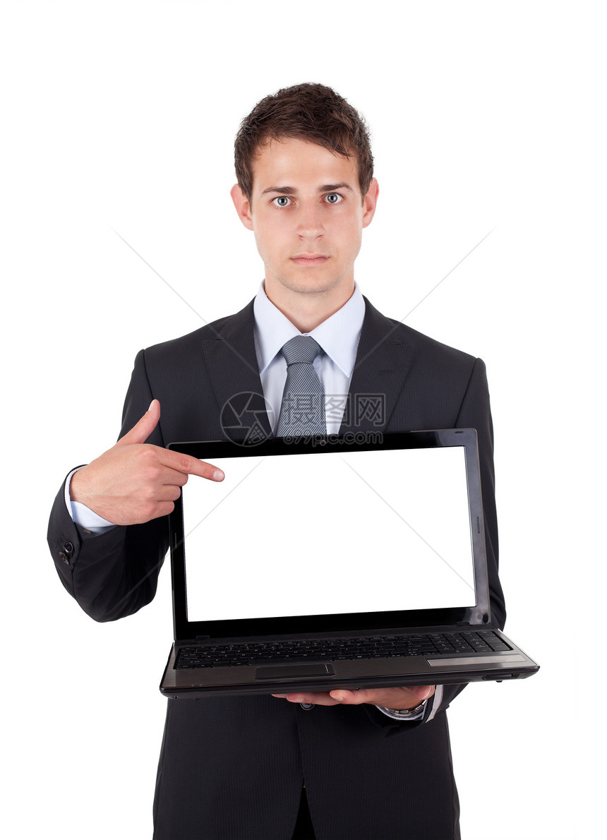 商务人士指着一台笔记本电脑展示技术笑脸公司白色盒子微笑生意人成人屏幕图片