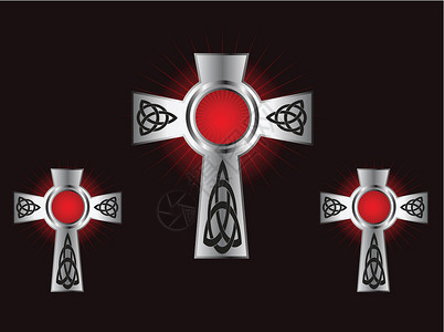 红褐色背景上三或零星的结壳银十字宗教卡片金属红色牌匾异教徒藤蔓树叶框架插图背景图片