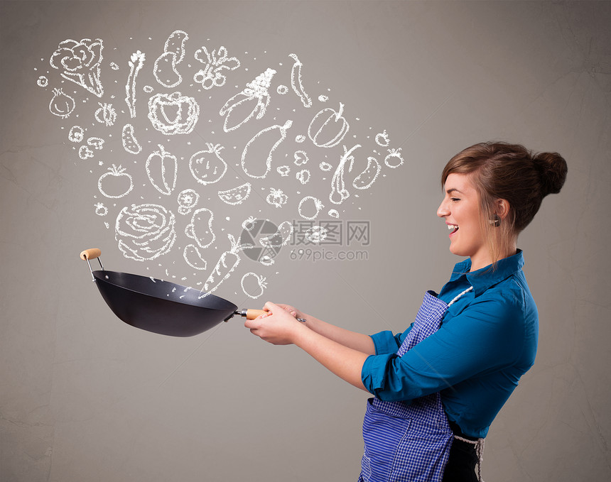妇女烹饪蔬菜沙拉土豆食物黄瓜叶子绘画团体插图营养女士图片