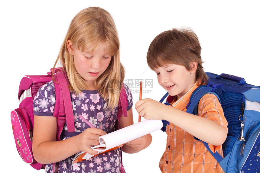 孩子们装作回到学校主题学习白色家庭铅笔兄弟姐姐背包写作女性女孩图片