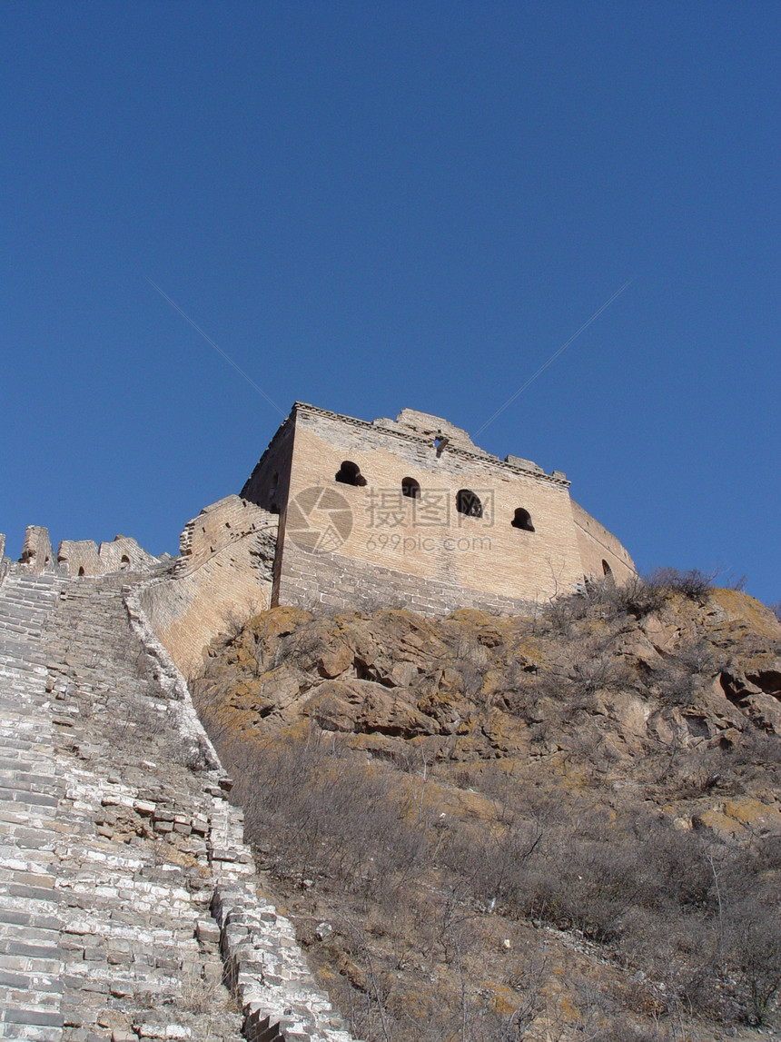 中国的长城山脉蓝色远足天空丘陵石头旅行边界图片