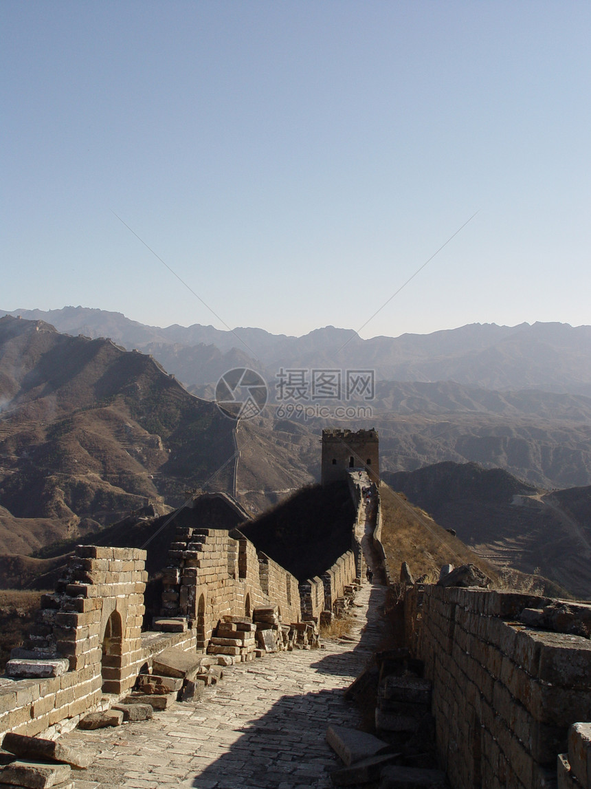 中国的长城天空石头丘陵边界旅行远足蓝色山脉图片