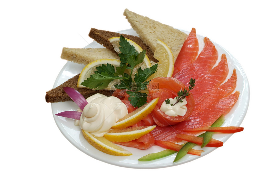 鲑鱼蔬菜面包海鲜摄影面粉柠檬沙拉绿色叶子盘子图片