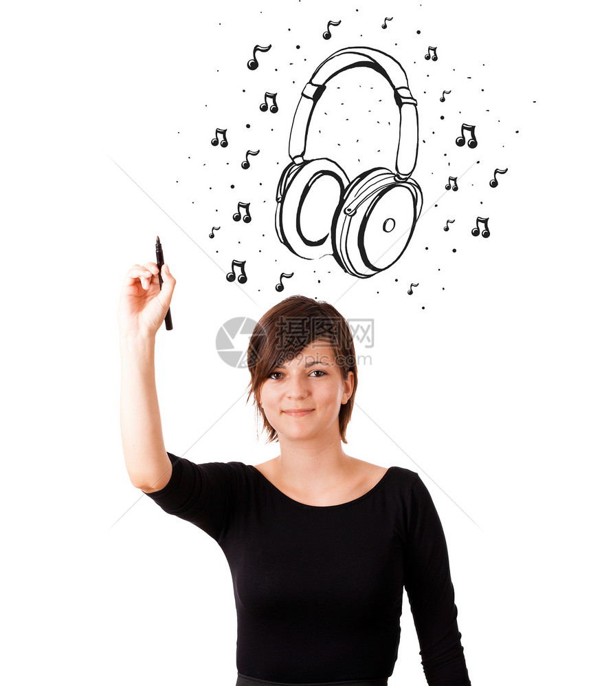 年轻女孩画耳机和乐笔海豹黑色女性白色笔记立体声技术歌曲插图绘画图片