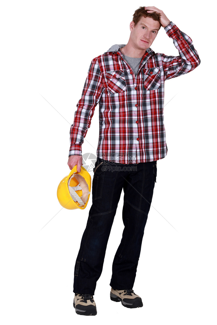工匠拿着他的头安全帽建设者工业领班工程师木匠锤子修理工男人齿轮图片