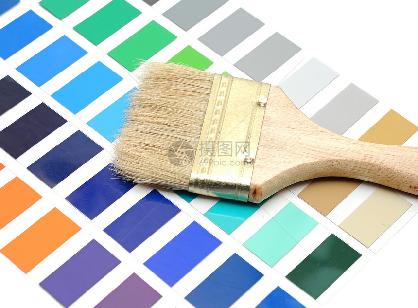 彩色调色盘上用木材柄刷笔样本维修带子图表装饰样品白色调色板风格宏观图片