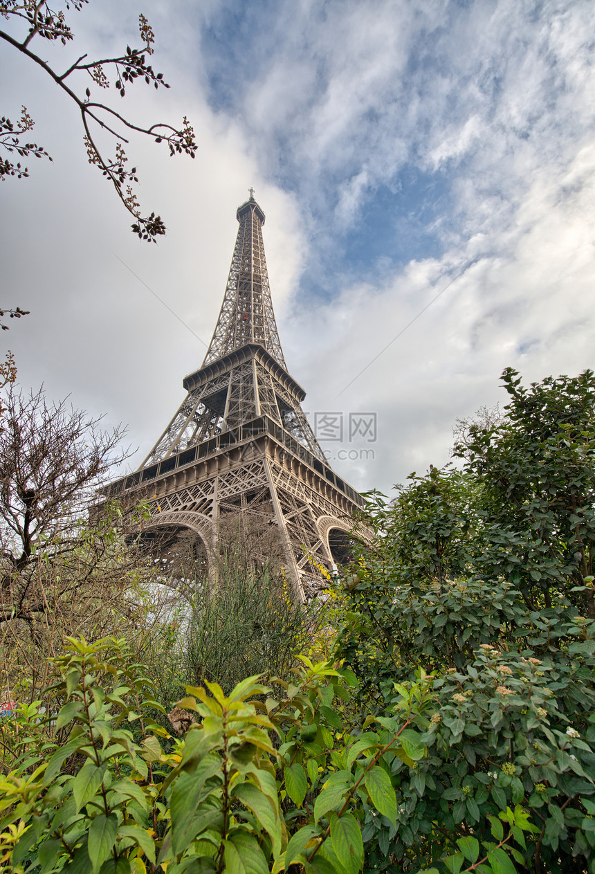 巴黎埃菲尔铁塔 冬季早晨有植被和树木图片