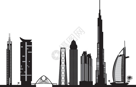 阿联酋迪拜dubai 天线建筑学奢华剪影天际摩天大楼海湾酒店旅行天空插图插画