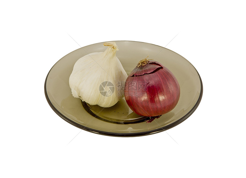 大蒜和红洋葱食物紫色盘子灯泡蔬菜香料玻璃白色工作室洋葱图片